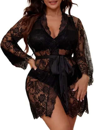 Plus Size Lingerie for Curvy Women 3 Piece Sleepwear with Lace Sexy Robe Lingerie Sets for Women
