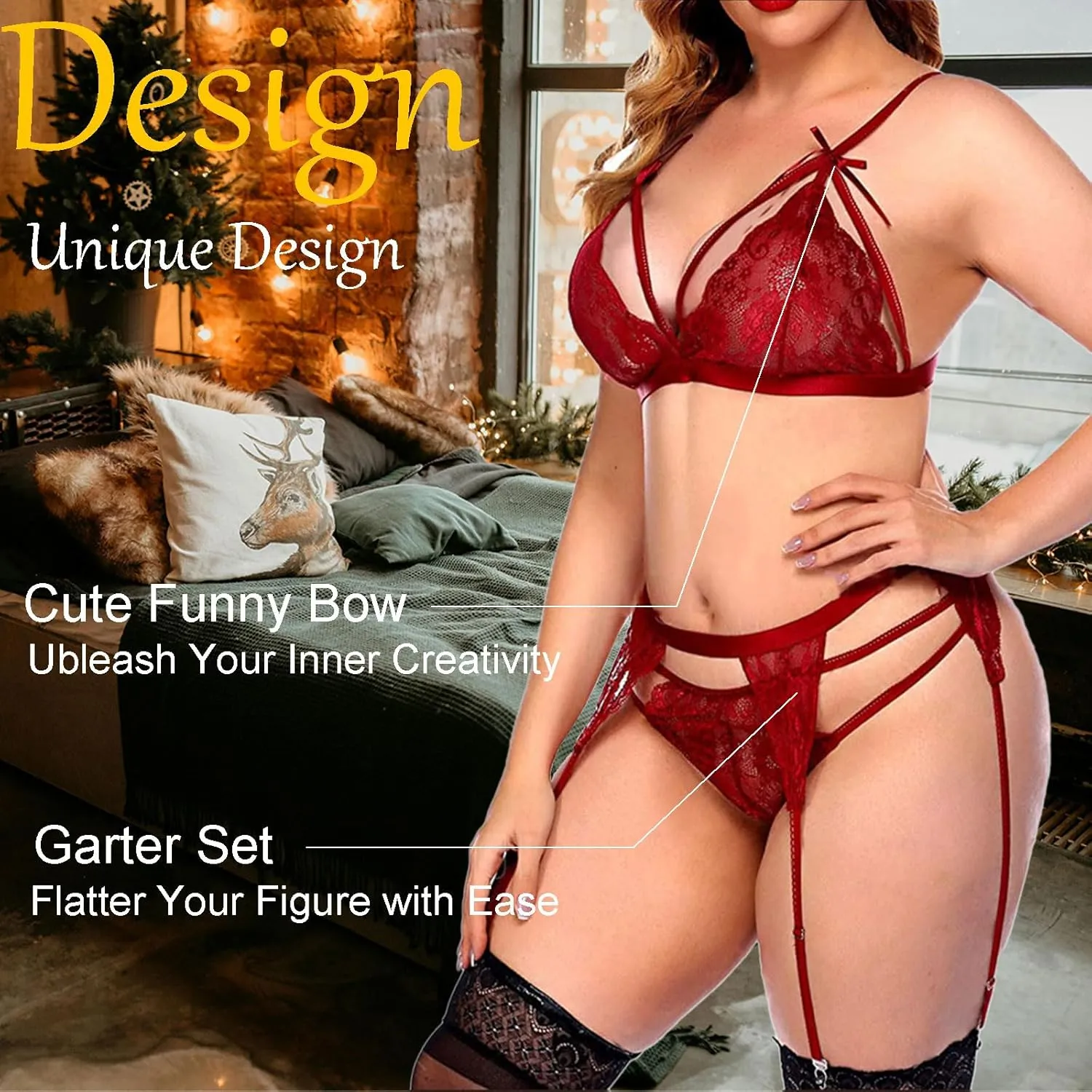 Plus Size Sexy Bra and Panty Sets for Women, Lace Lingerie Sets with Garter Belt 3 Piece Valentines Day Lingerie