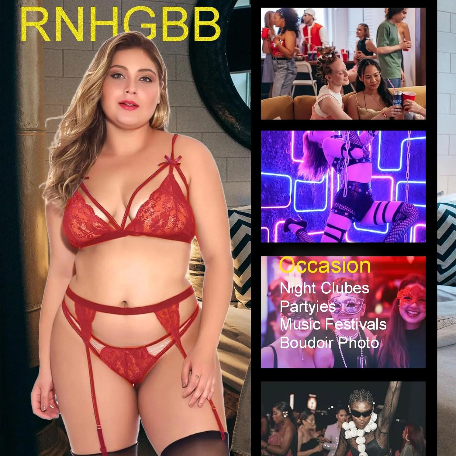 Plus Size Sexy Bra and Panty Sets for Women, Lace Lingerie Sets with Garter Belt 3 Piece Valentines Day Lingerie