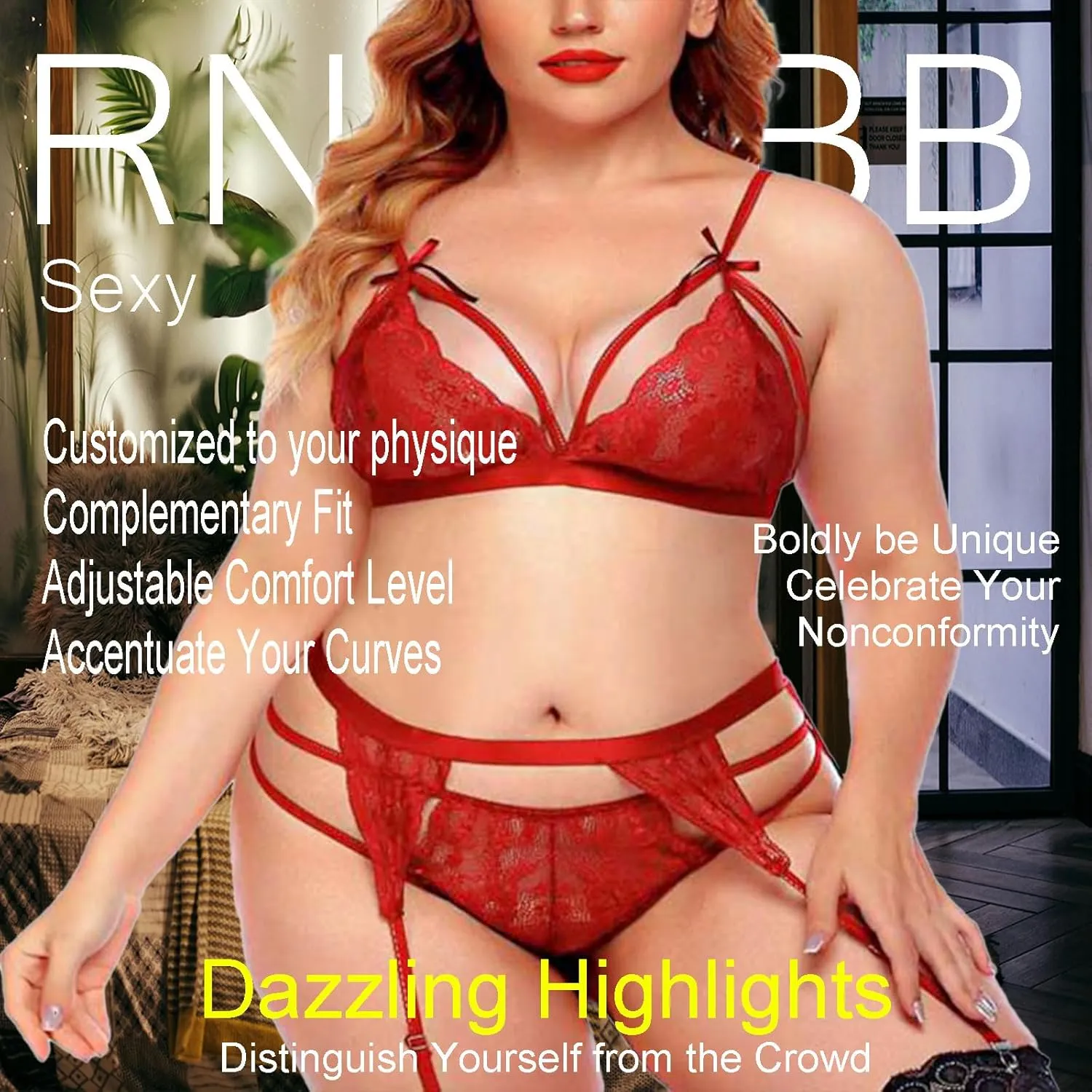 Plus Size Sexy Bra and Panty Sets for Women, Lace Lingerie Sets with Garter Belt 3 Piece Valentines Day Lingerie