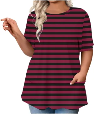 Plus Size Striped Tunic Tops for Women Summer Short Sleeve Crewneck Oversized T Shirt Fashion Cozy Casual Blouse with Pockets