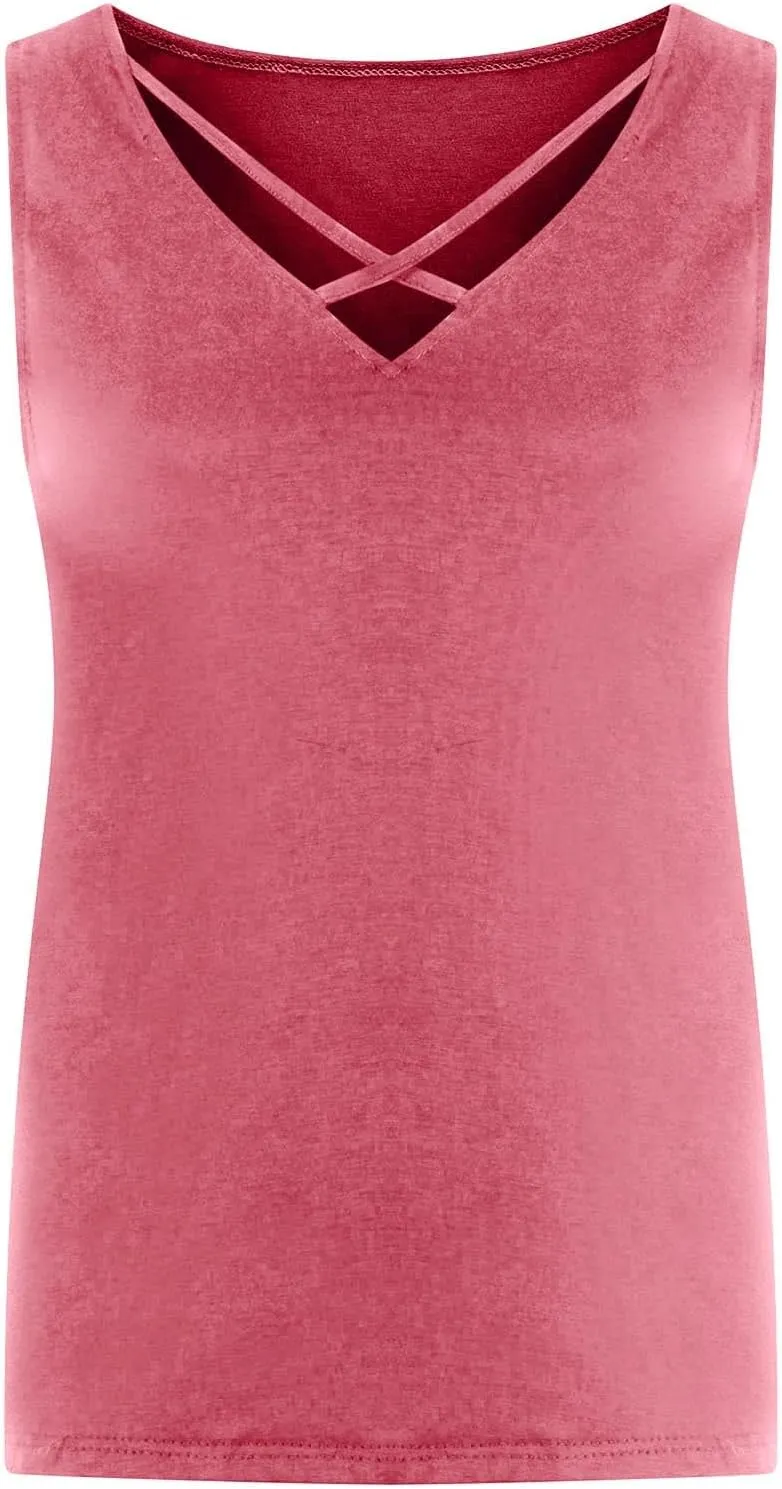 Plus Size Tank Tops for Women Criss Cross V Neck Sleeveless T-Shirts Business Casual Tunic Blouse Oversized Clothes