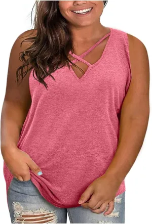 Plus Size Tank Tops for Women Criss Cross V Neck Sleeveless T-Shirts Business Casual Tunic Blouse Oversized Clothes