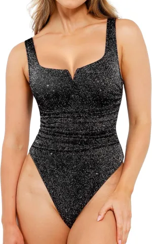 Popilush Bodysuits for Women Sparkly Tops Square Neck Tummy Control Shapewear Sleeveless Body suit Going Out Tank Tops