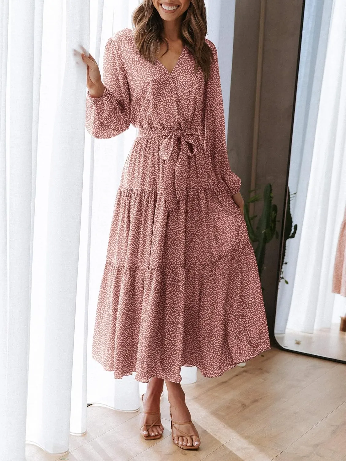 PRETTYGARDEN Womens Spring Long Sleeve Wrap V Neck Ruffle Floral Maxi Dress Casual Tie Waist Boho Chiffon Flowy Long Dresses