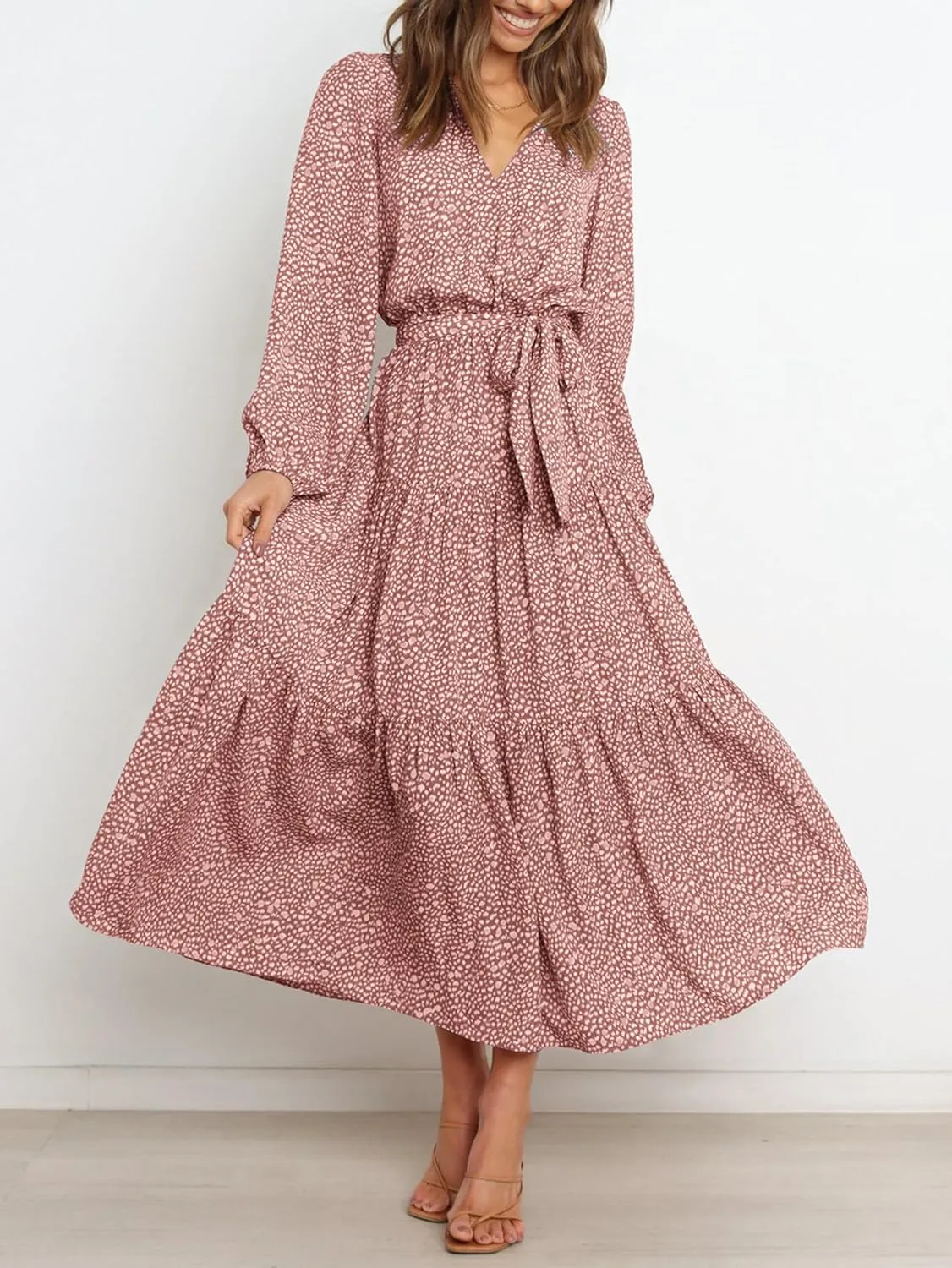 PRETTYGARDEN Womens Spring Long Sleeve Wrap V Neck Ruffle Floral Maxi Dress Casual Tie Waist Boho Chiffon Flowy Long Dresses
