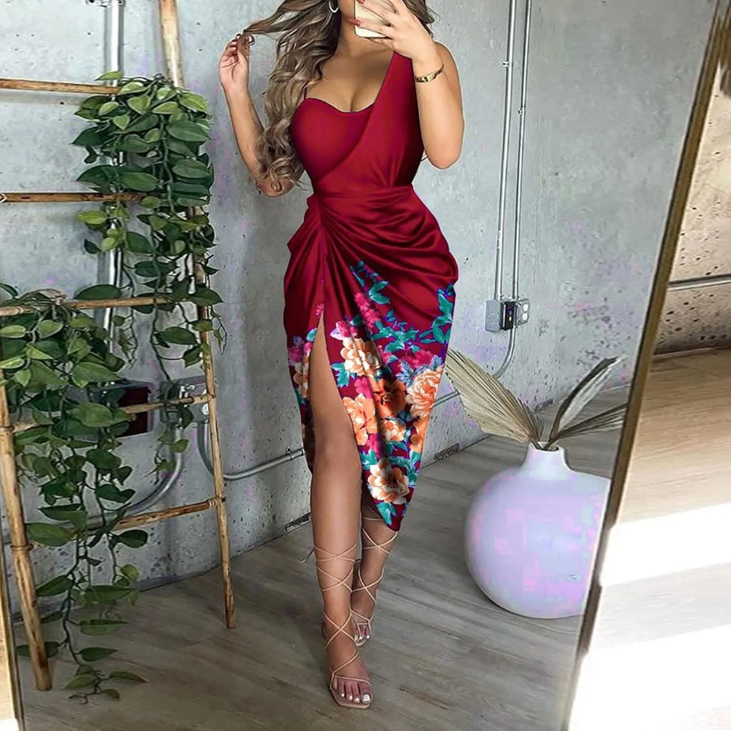Prom Dresses for Women 2024 Sleeveless One Shoulder High Split Pleated Cocktail Sequin Evening Party Midi Dress