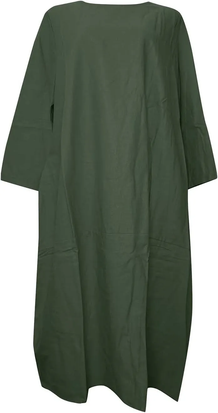 PTOLOCIF Casual Dresses for Women Loose-Fit Swing Dress Cotton Linen Long Sleeve Maxi Dress Summer Tunic Shift Dress