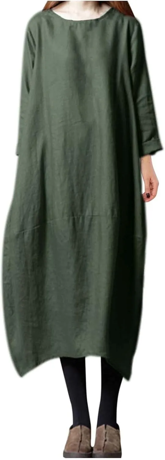 PTOLOCIF Casual Dresses for Women Loose-Fit Swing Dress Cotton Linen Long Sleeve Maxi Dress Summer Tunic Shift Dress