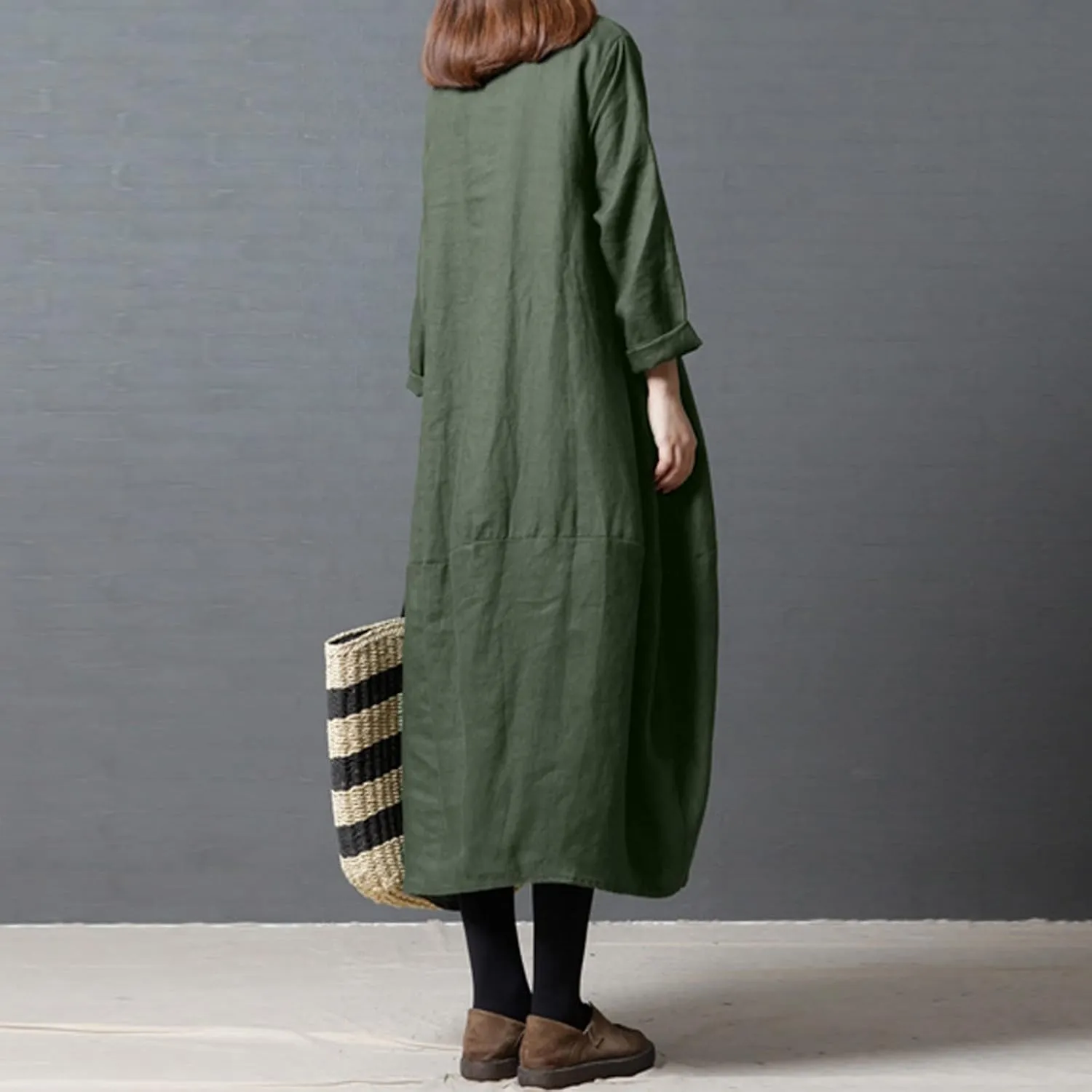 PTOLOCIF Casual Dresses for Women Loose-Fit Swing Dress Cotton Linen Long Sleeve Maxi Dress Summer Tunic Shift Dress