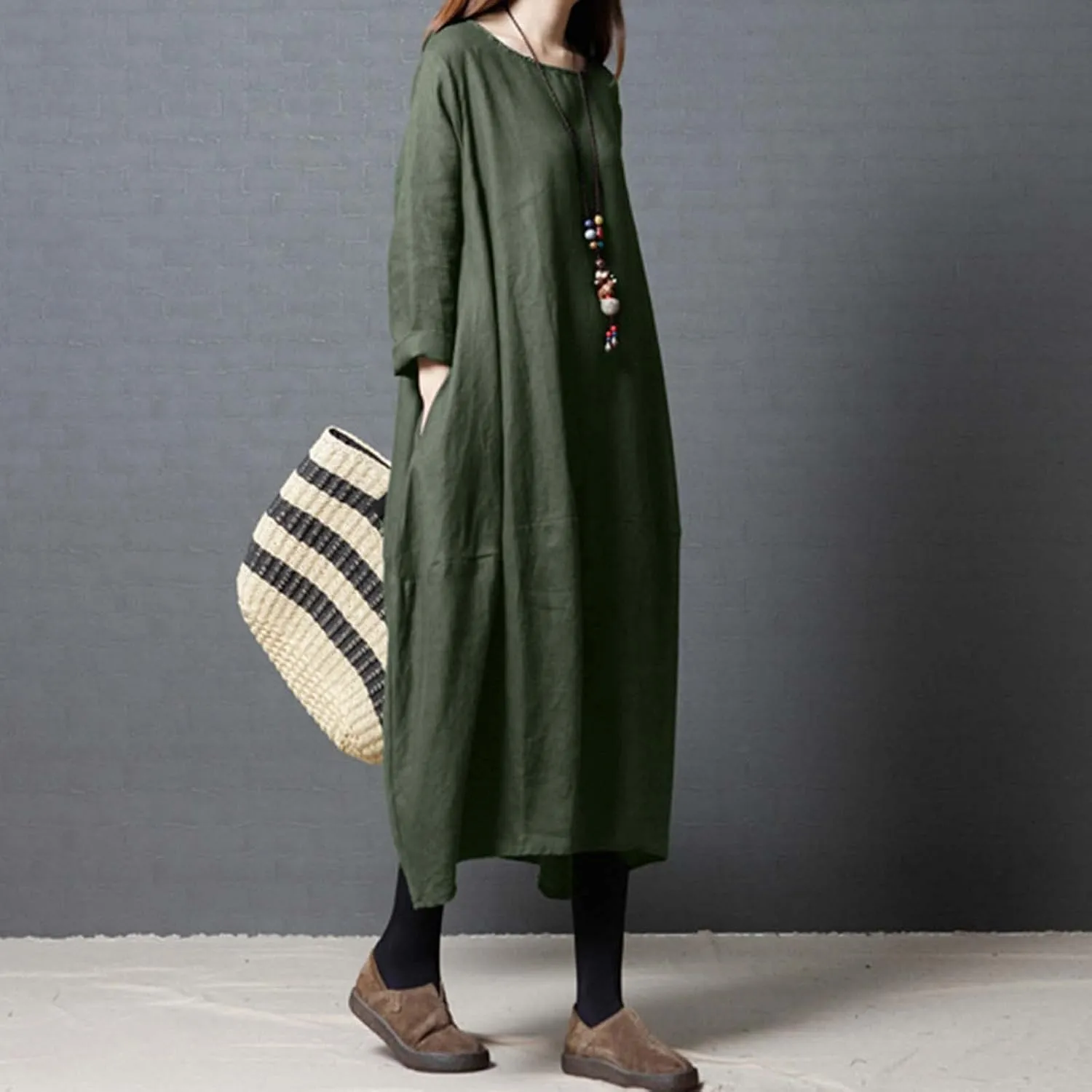 PTOLOCIF Casual Dresses for Women Loose-Fit Swing Dress Cotton Linen Long Sleeve Maxi Dress Summer Tunic Shift Dress