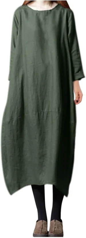 PTOLOCIF Casual Dresses for Women Loose-Fit Swing Dress Cotton Linen Long Sleeve Maxi Dress Summer Tunic Shift Dress