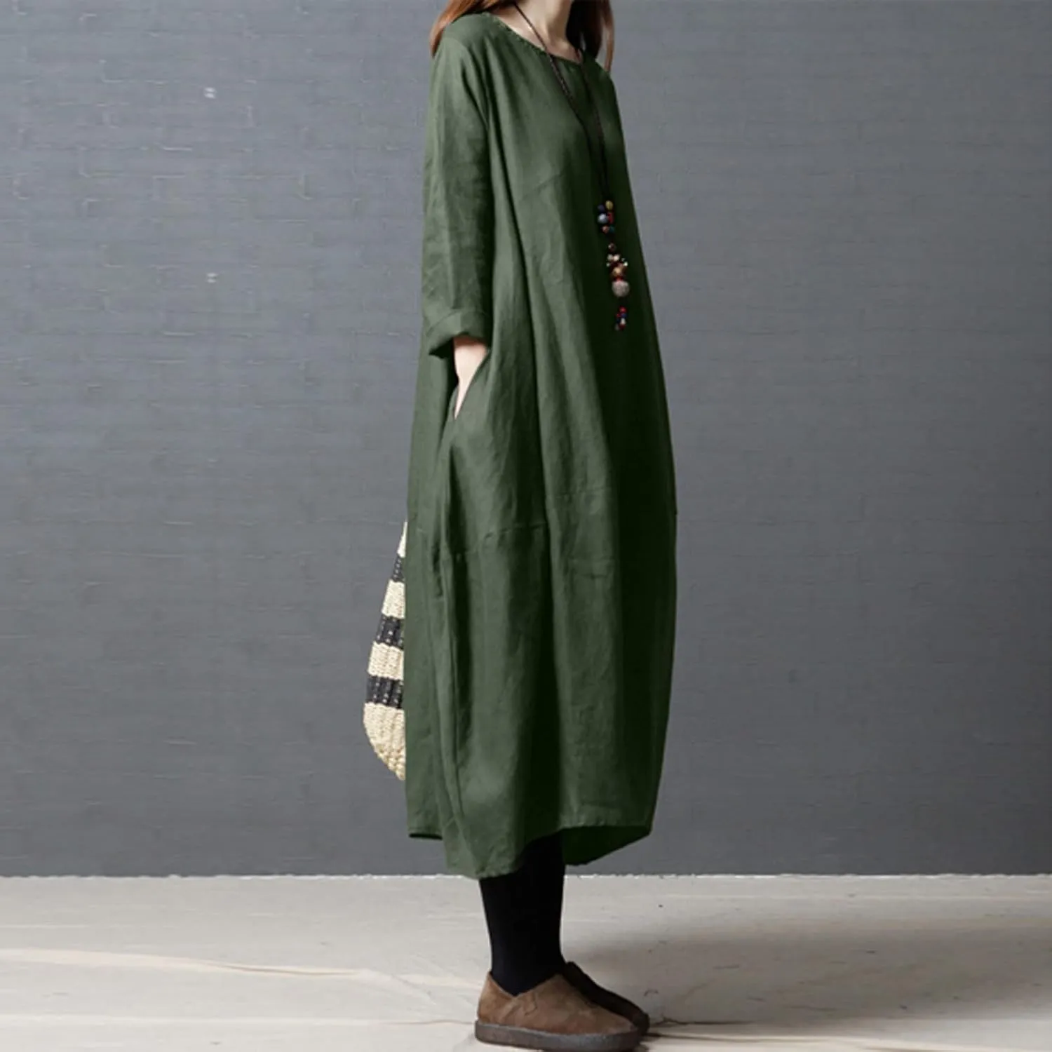 PTOLOCIF Casual Dresses for Women Loose-Fit Swing Dress Cotton Linen Long Sleeve Maxi Dress Summer Tunic Shift Dress