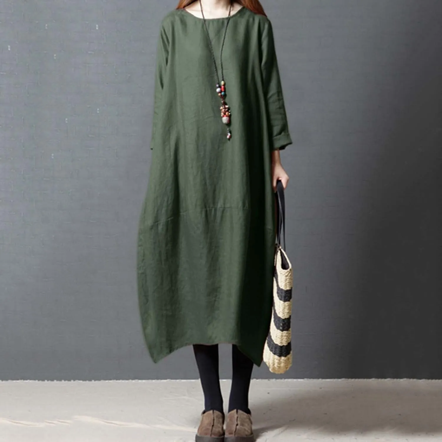 PTOLOCIF Casual Dresses for Women Loose-Fit Swing Dress Cotton Linen Long Sleeve Maxi Dress Summer Tunic Shift Dress