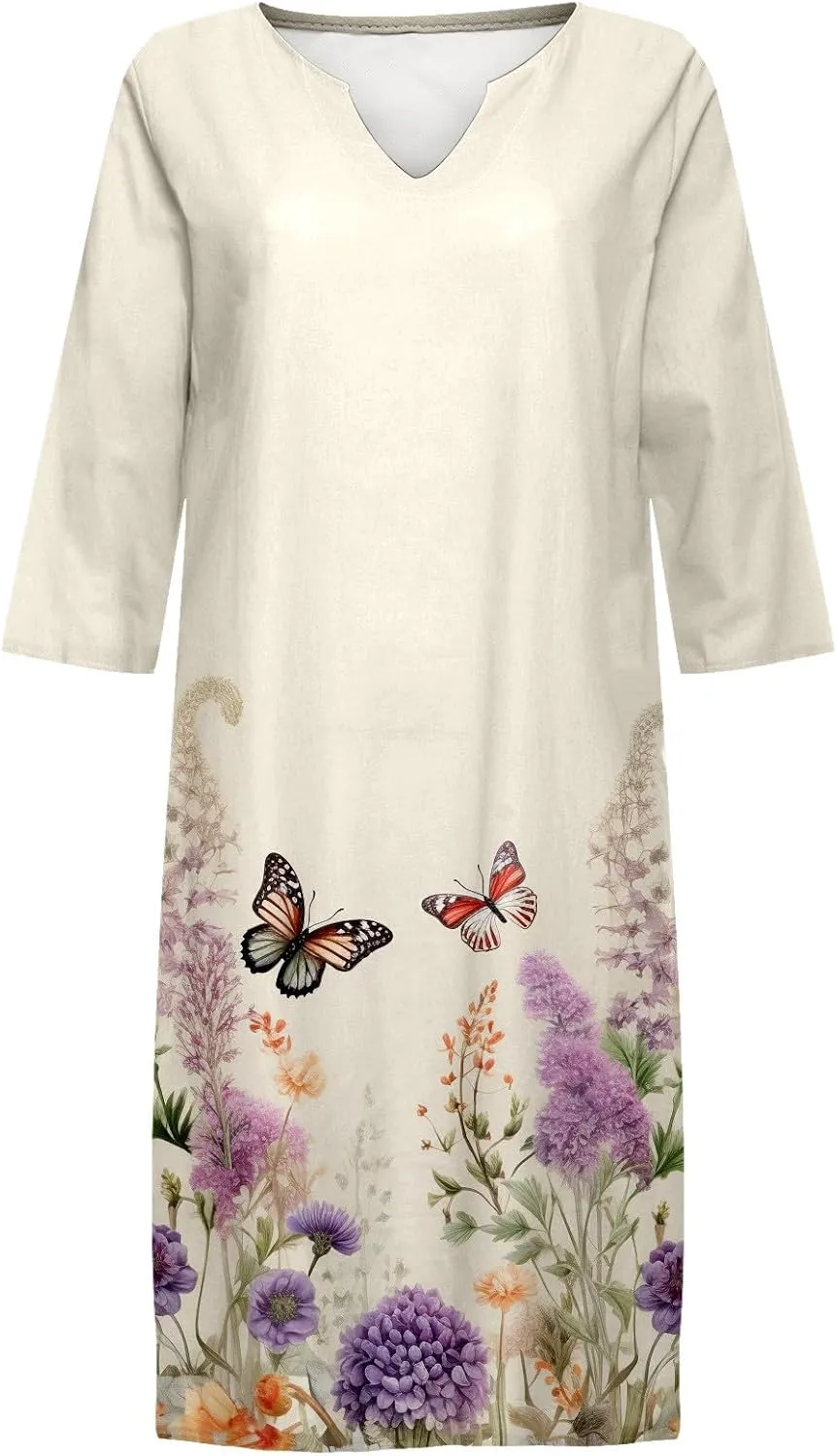 PTOLOCIF Casual Dresses for Women,2024 Trendy Summer Linen Dress 3/4 Sleeve V Neck Short Dresses Knee Length Shift Dress