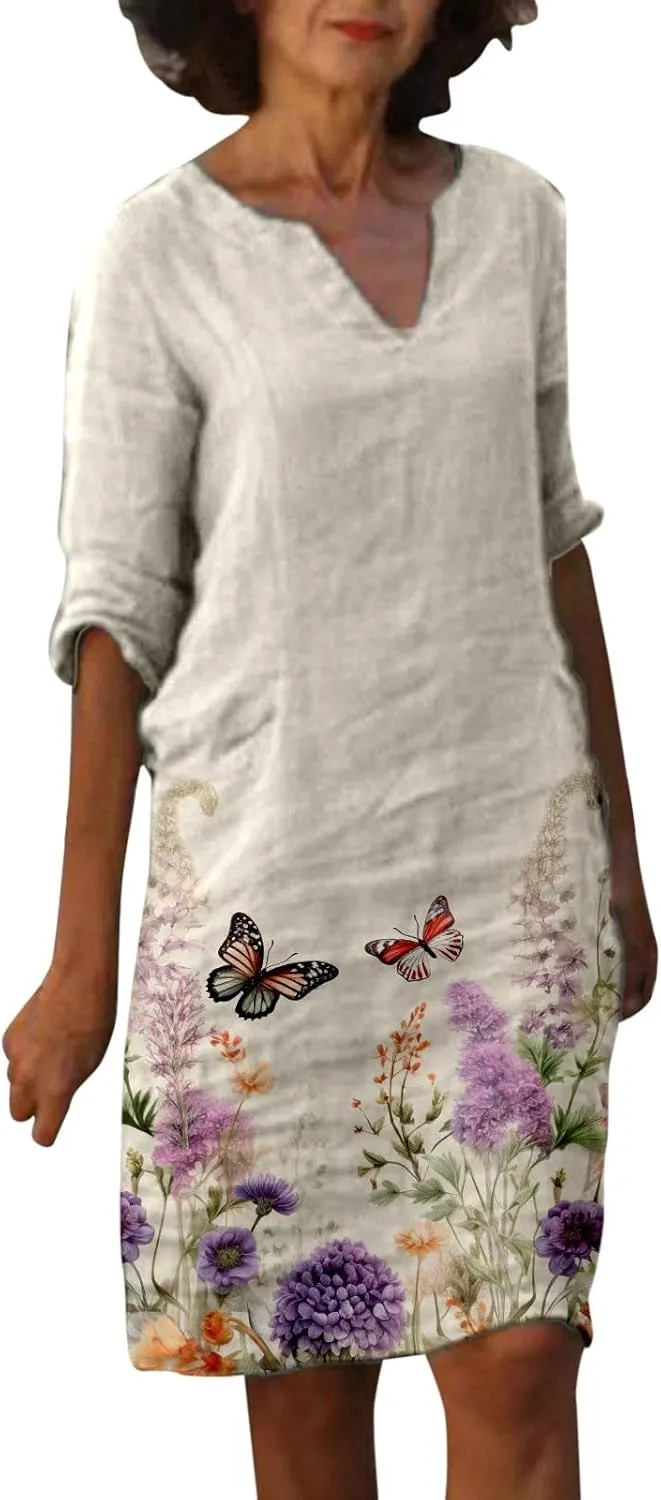 PTOLOCIF Casual Dresses for Women,2024 Trendy Summer Linen Dress 3/4 Sleeve V Neck Short Dresses Knee Length Shift Dress