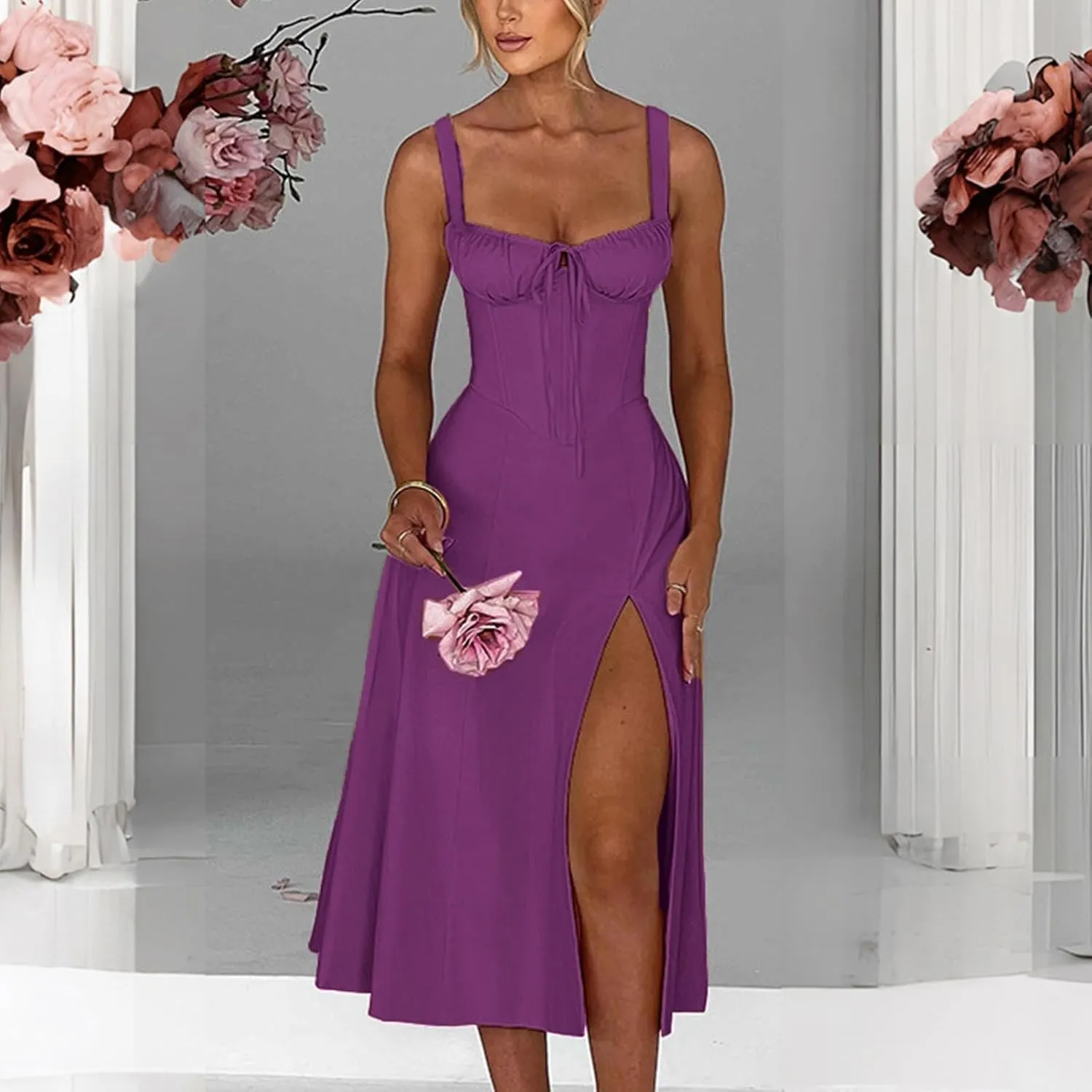 PTOLOCIF Sexy Sundresses for Women 2025 Summer Spaghetti Strap Dress Sleeveless Low Cut Bust Dress Beach Party Maxi Dresses
