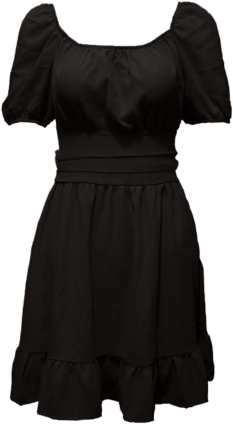 Puff Sleeve Short Dress for Women Summer Ruffle Hem Waist Casual Mini Dresses Tie Back Square Neck A-Line Sundress