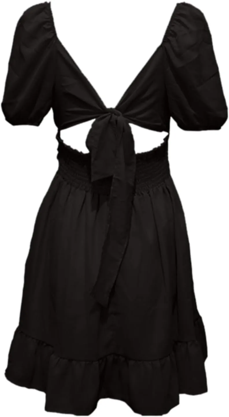 Puff Sleeve Short Dress for Women Summer Ruffle Hem Waist Casual Mini Dresses Tie Back Square Neck A-Line Sundress