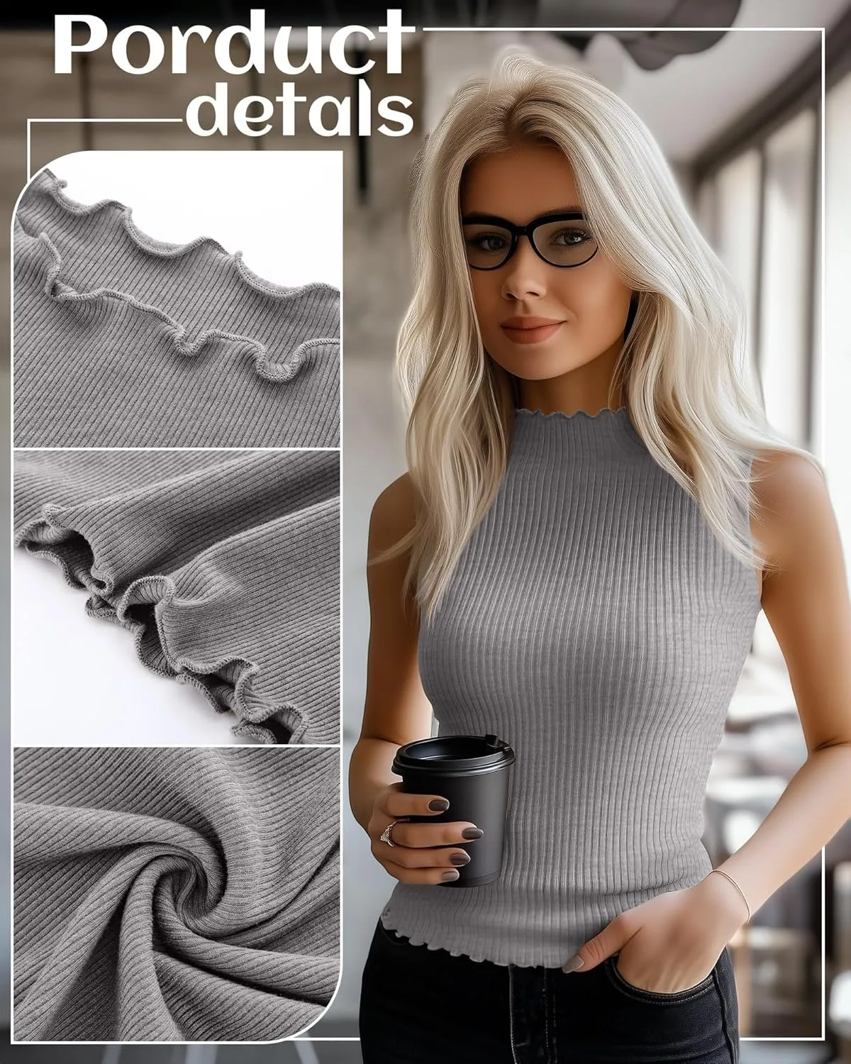 Riyiper 3 Pack Women's Sleeveless Mock Turtlenecks Shirts Lettuce Trim Ribbed Knit Slim Summer Casual Tank Tops Basic Tees