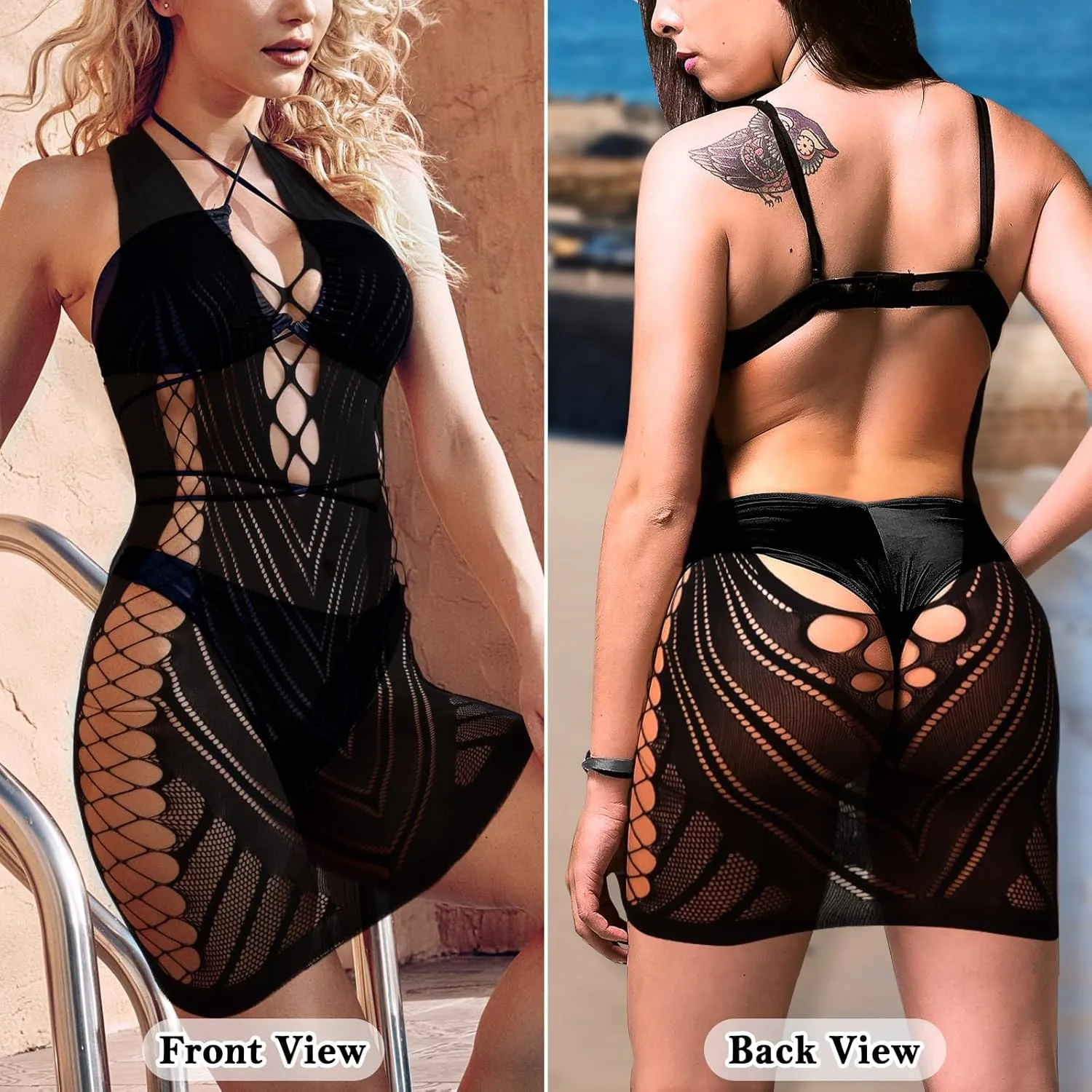 selizo Fishnet Lingerie Dress for Women, Black Fish Net Bodysuit Sexy Chemise Teddy Naughty Women's Mesh Lace Body Stockings