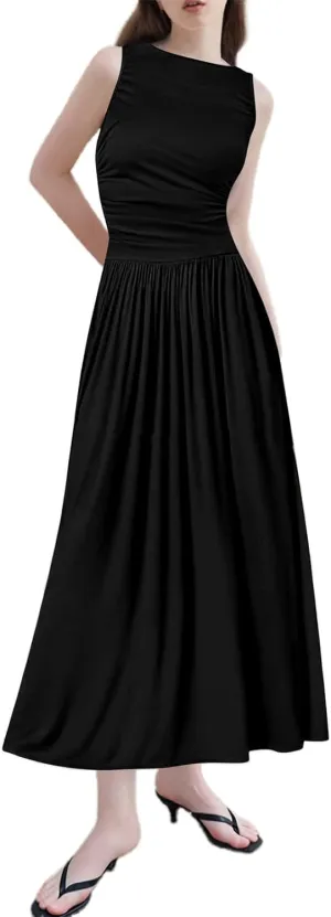 Semi Formal Dresses for Women Comfy Patchwork Sleeveless Pleated Long Dress Work Vintage Teacher Outfits
