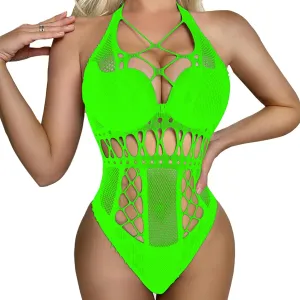 Sexy Lingerie for Women Naughty Halter Neck Fishnet Bodysuit Top Teddy One Piece Deep V Mesh Babydoll Rave Outfits