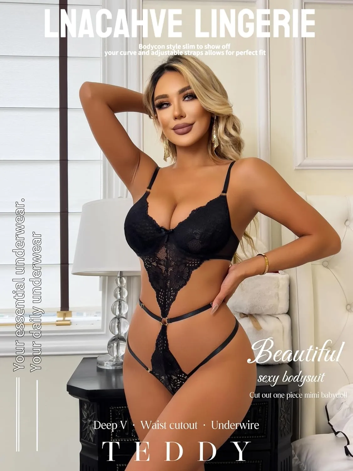 Sexy Lingerie for Women Underwire One Piece Lace Bodysuit Deep V Teddy Cut Out Strappy Lingerie