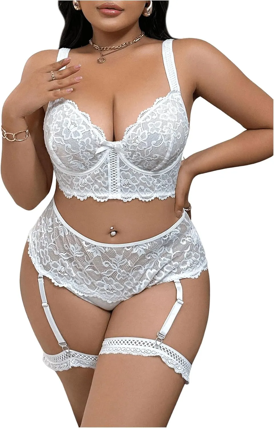 SHENHE Women's Plus Size Lace Garter Lingerie Set Underwire Bra and Panty Set with Leg Ring