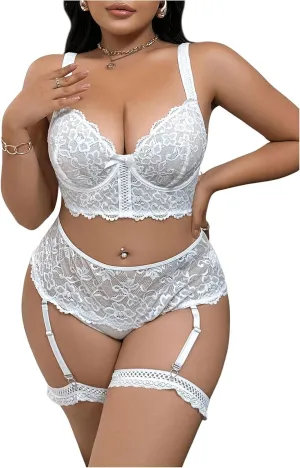 SHENHE Women's Plus Size Lace Garter Lingerie Set Underwire Bra and Panty Set with Leg Ring