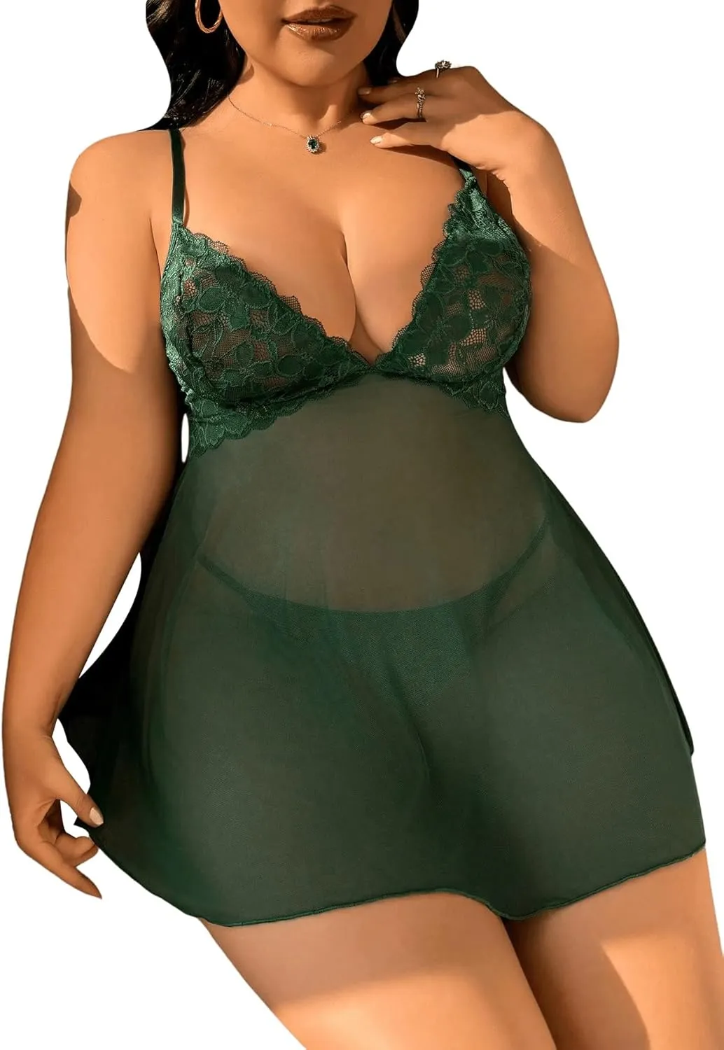 SHENHE Women's Plus Size Sheer Mesh Lace Floral Embroidery Babydoll Lingerie Dress and Thong Set