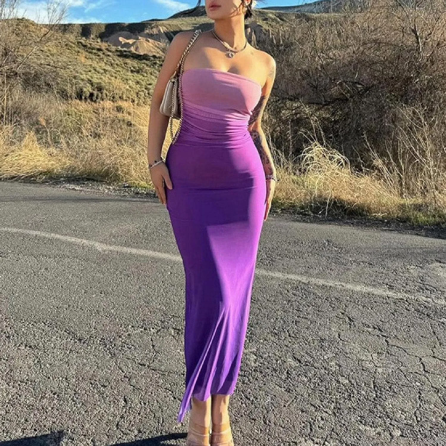 Sinzelimin Cocktail Dresses for Womens Trendy Gradient Bodycon Bandeau Midi Dress Sexy Sleeveless Curvy Women Pleated Dress