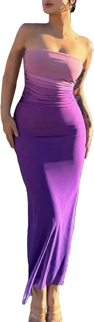 Sinzelimin Cocktail Dresses for Womens Trendy Gradient Bodycon Bandeau Midi Dress Sexy Sleeveless Curvy Women Pleated Dress