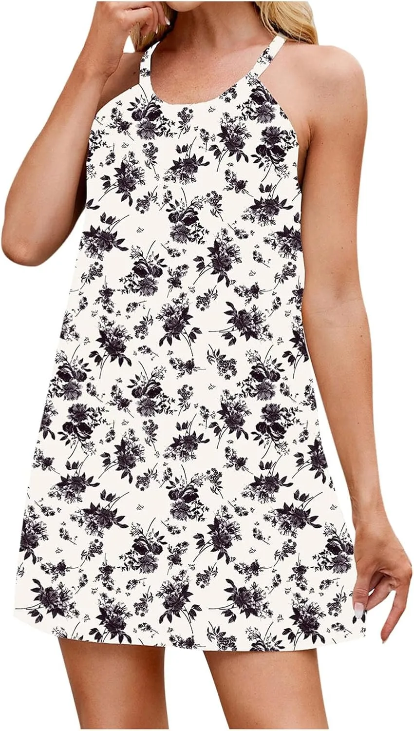 Sleeveless Beach Dresses for Women Loose Swimsuit Cover Ups Vacation Dresses Flowy Mini Dress Print Casual Dresses