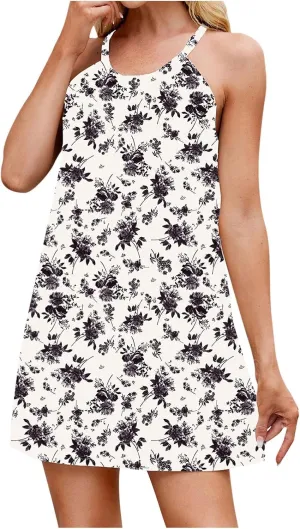 Sleeveless Beach Dresses for Women Loose Swimsuit Cover Ups Vacation Dresses Flowy Mini Dress Print Casual Dresses