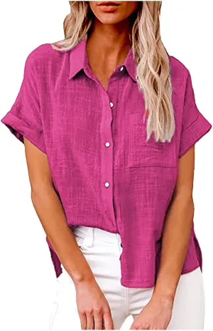 SMIDOW Shirts for Women Trendy Summer 2023 Button Down Linen Tops Plus Size Short Sleeve Collared t-Shirt Work Casual Blouse