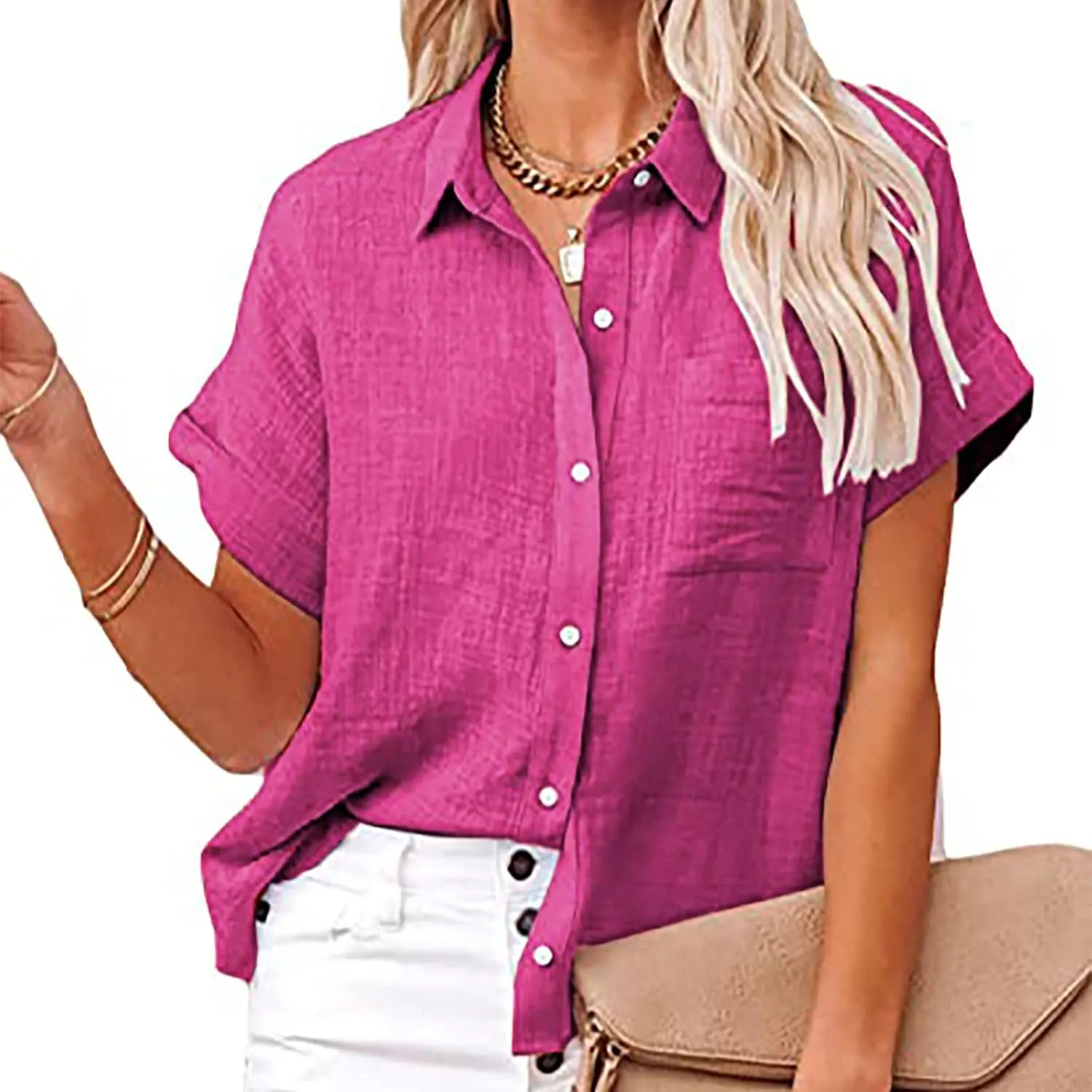 SMIDOW Shirts for Women Trendy Summer 2023 Button Down Linen Tops Plus Size Short Sleeve Collared t-Shirt Work Casual Blouse