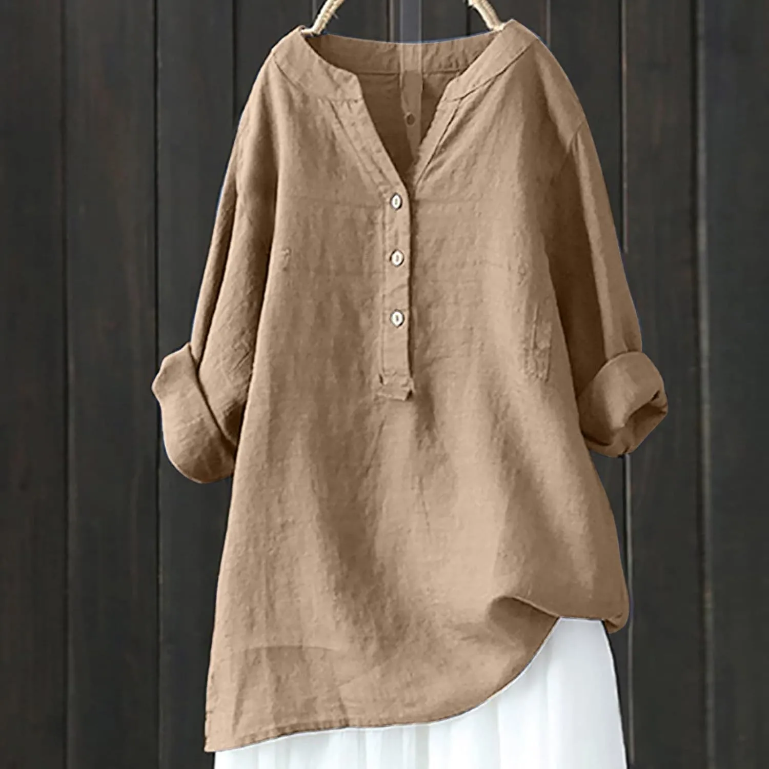 SMIDOW Womens Summer Tops 2023 Plus Size Cotton Linen Shirts Long Sleeve Button Down v Neck t-Shirt Casual Loose Blouses
