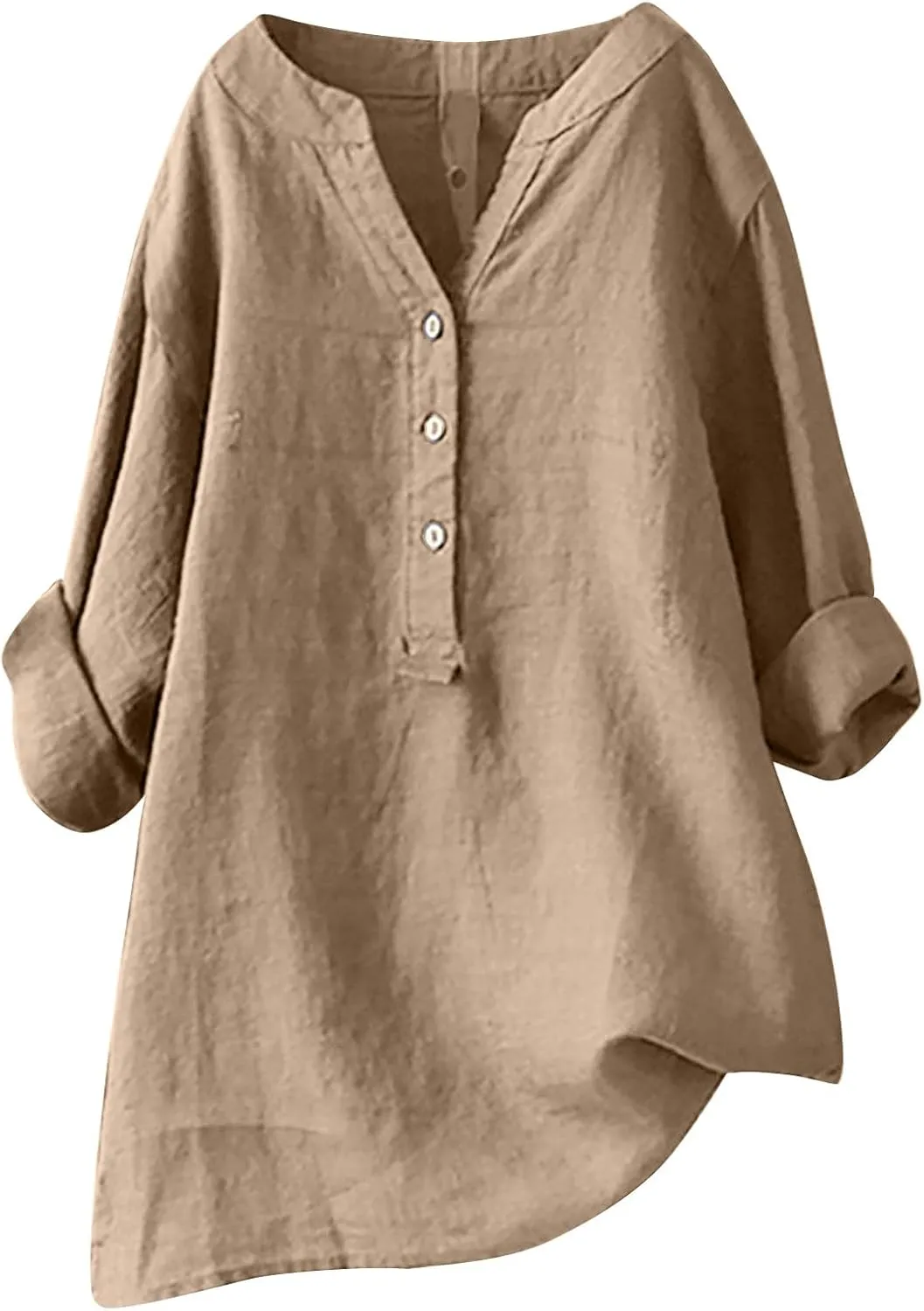 SMIDOW Womens Summer Tops 2023 Plus Size Cotton Linen Shirts Long Sleeve Button Down v Neck t-Shirt Casual Loose Blouses