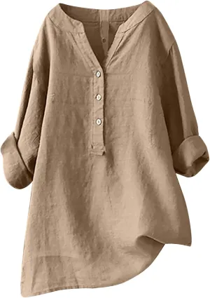 SMIDOW Womens Summer Tops 2023 Plus Size Cotton Linen Shirts Long Sleeve Button Down v Neck t-Shirt Casual Loose Blouses