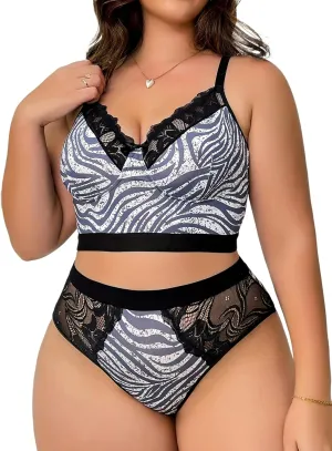SOFIA'S CHOICE Women's Sexy Plus Size Lingerie Set Mesh Waves Push Up Bra and Panty Two Piece