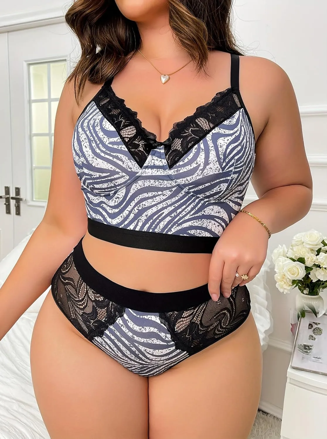SOFIA'S CHOICE Women's Sexy Plus Size Lingerie Set Mesh Waves Push Up Bra and Panty Two Piece