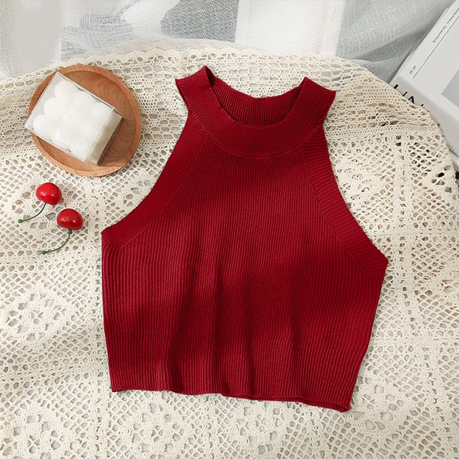 Solid Color Knitted Ice Silk Hanging Neck Style Off The Shoulder Super Short Top Spring And Summer Leather Tube