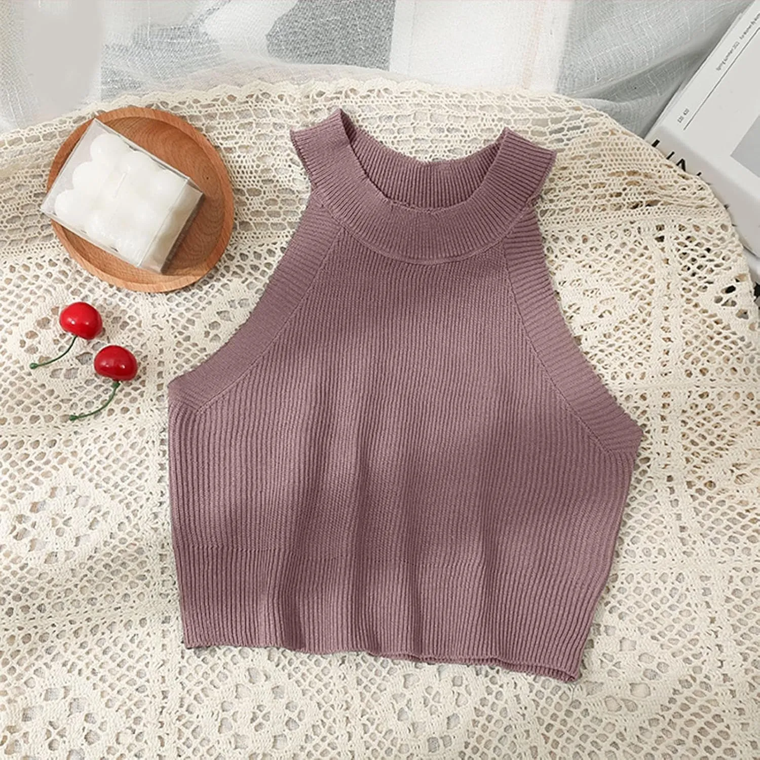 Solid Color Knitted Ice Silk Hanging Neck Style Off The Shoulder Super Short Top Spring And Summer Leather Tube