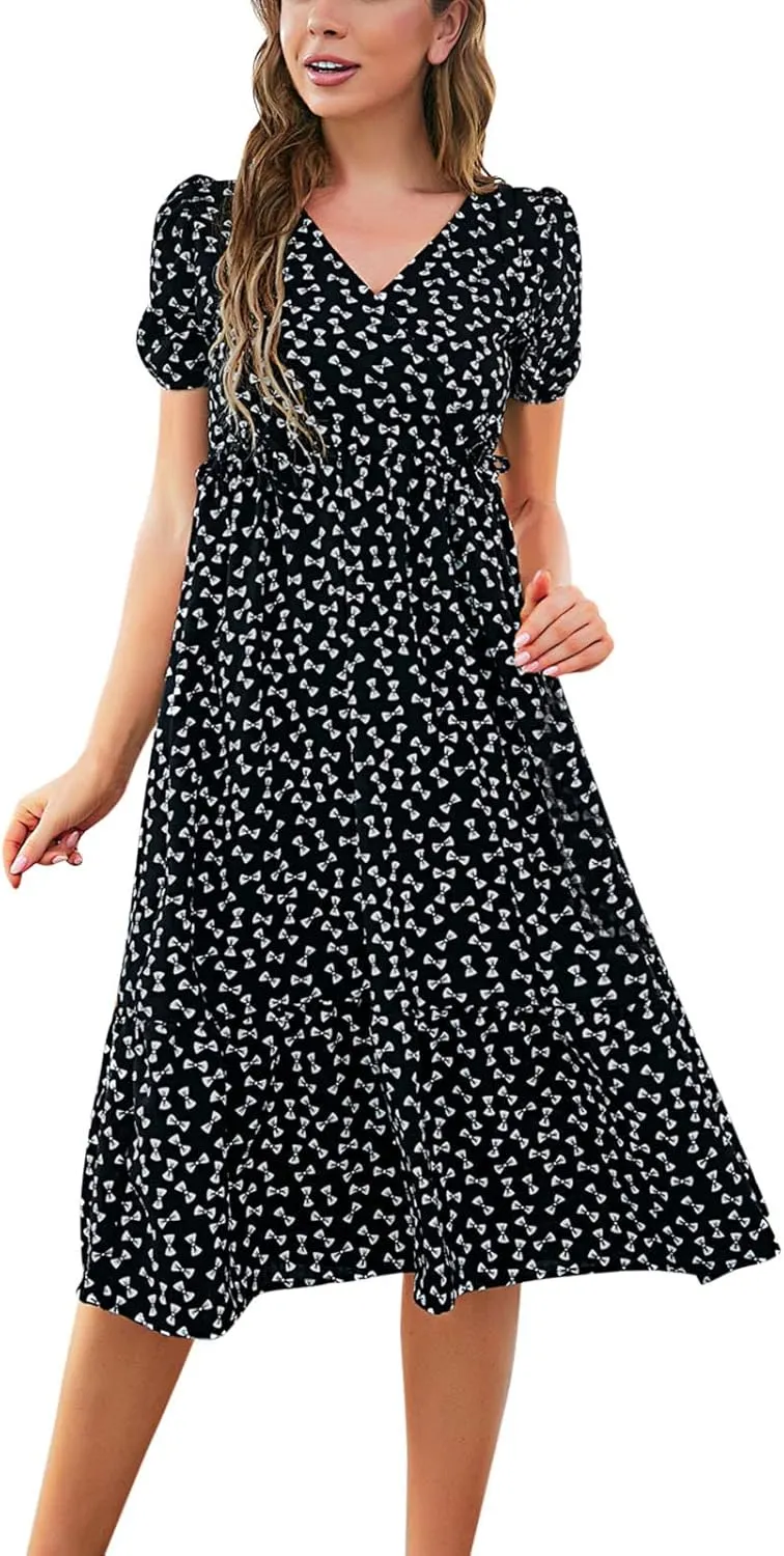 Spring Dresses for Women 2025 Swing Midi Dress Short Sleeve V Neck Boho Casual Summer Beach Vacation Clothes