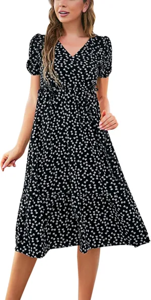 Spring Dresses for Women 2025 Swing Midi Dress Short Sleeve V Neck Boho Casual Summer Beach Vacation Clothes
