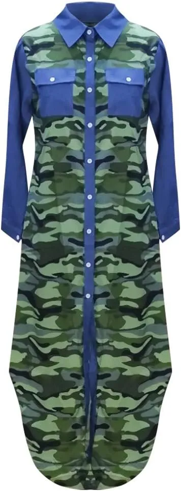 Spring Dresses for Women 2025,Womens Casual Graphic Long Sleeve Button Down Maxi Dress Side Slit Loose Shirt Dresses