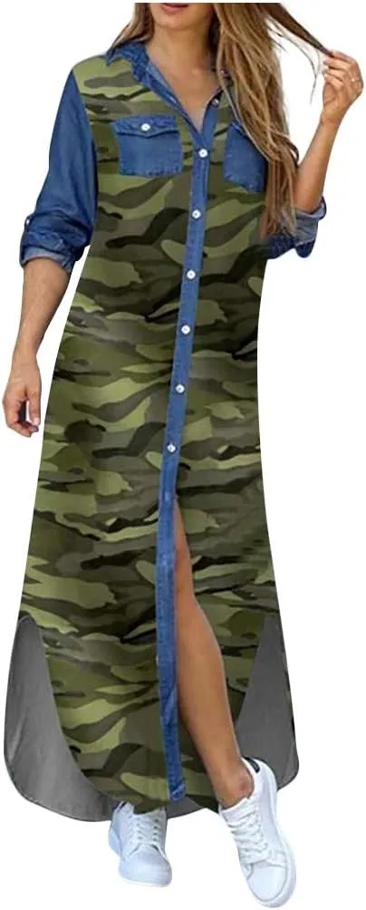 Spring Dresses for Women 2025,Womens Casual Graphic Long Sleeve Button Down Maxi Dress Side Slit Loose Shirt Dresses