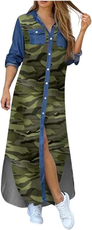 Spring Dresses for Women 2025,Womens Casual Graphic Long Sleeve Button Down Maxi Dress Side Slit Loose Shirt Dresses