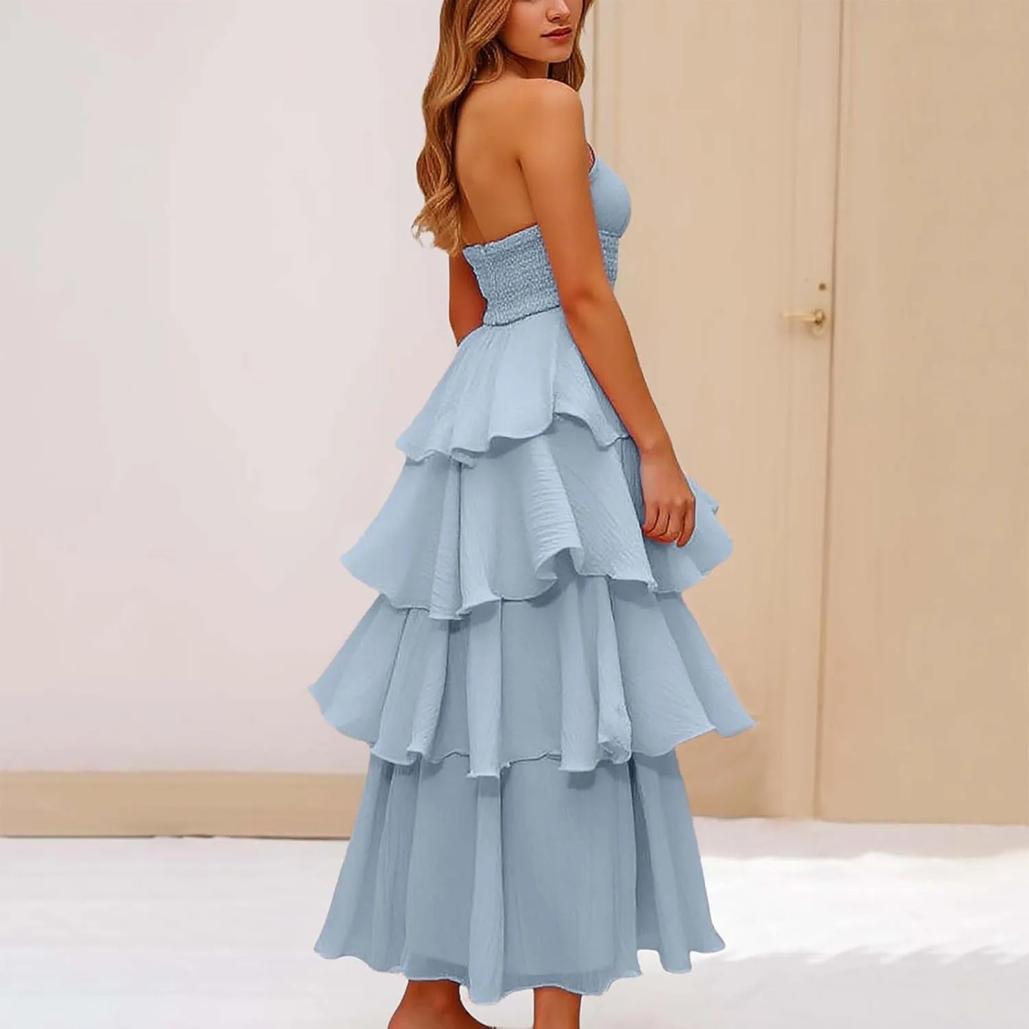 Strapless Ruffle Maxi Dress for Women Sexy Elegant Bodycon Wedding Guest Cocktail Evening Party Gown Formal Dress